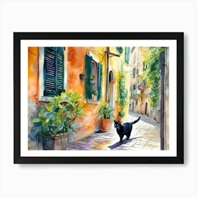 Black Cat In Udine, Italy, Street Art Watercolour Painting 1 Art Print