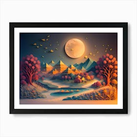 A landscape made of cut paper. Moon shining on mountains, trees and a pond. Birds in the sky. Art Print