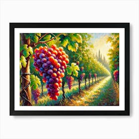 An Impressionist Acrylic Painting Of A Bunch Of Ripe Red And Purple Grapes Hanging From A Vine Art Print