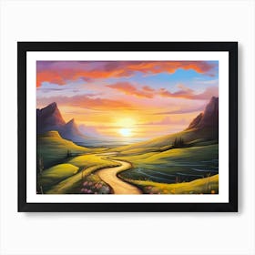 Wandering Path Trough A Gren Mountain Region At A Morning Sunrise And Reflecting Clouds - Vivid Color Painting Art Print