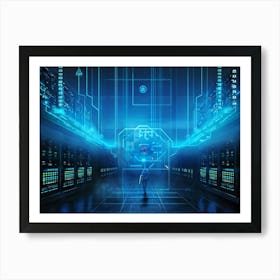 A Digital Painting Of An Abstract Cyber World In Which A Thick Neon Blue Firewall Serves As A Rugg (2) Art Print