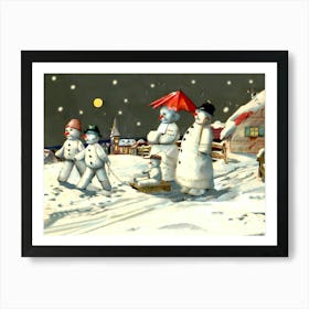 Snowman Family On The Christmas Eve Art Print