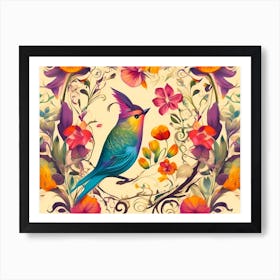 Magnificent Singing Bird Between A Beautiful Flower Decoration - Bright Color Painting Art Print