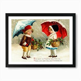 Two Little Girls Meet On Snow, Christmas Greeting Art Print