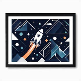 Rocket Launch, Rocket wall art, Children’s nursery illustration, Kids' room decor, Sci-fi adventure wall decor, playroom wall decal, minimalistic vector, dreamy gift 205 Art Print