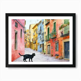 Tarragona, Spain   Cat In Street Art Watercolour Painting 2 Art Print