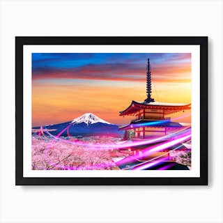 Neon city: Japan, Fuji mountain. Cherry blossoms, pagoda, sunset (synthwave/vaporwave/retrowave/cyberpunk) — aesthetic poster Art Print