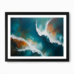 An Abstract Painting Of A Body Of Water That Has Orange And Blue Swirls In It Art Print