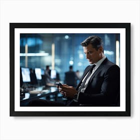 Businessman Sharp Suit Ultra Clear Texting On A Sleek Smartphone Indoor Setting Ambient Office (2) 2 Art Print