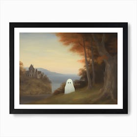 Cute Ghost Autumn Fall Castle Landscape, Halloween Spooky Art Print