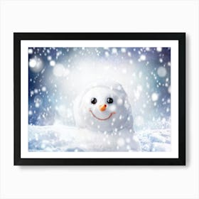 Snowman Peeking Out From Behind A Snowdrift Adorned With Glittering Festive Sparkles Reflecting Off Art Print