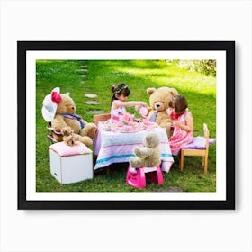 Two Young Girls Playing Teddy Bears Picnic In Their Back Garden Art Print