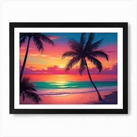 A Tranquil Beach At Sunset Horizontal Illustration 61 Art Print