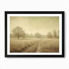 A Vintage Photograph Of A Path Winding Through A Field With Trees And A Foggy Background, Creating A Sense Of Mystery And Nostalgia Art Print