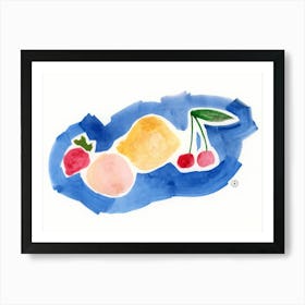 Fruits On Blue - watercolor hand painted food kitchen cherry strawberry lemon horizontal living room illustration Art Print