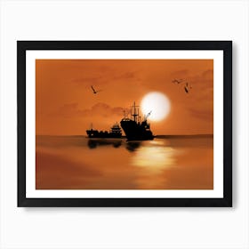 Silhouette Of Fishing Boats At Sunset Digital Art Artwork Sea Art Print