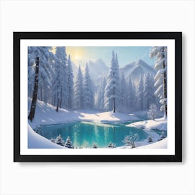 The Beautiful Winter Scenery Of A Snow Covered Forest And A Frozen Lake Art Print