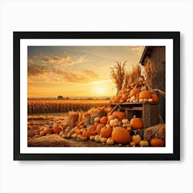 A Vintage Style Autumn Harvest Composition Showcasing Piles Of Pumpkins And Corn Cobs Scattered In (7) Art Print