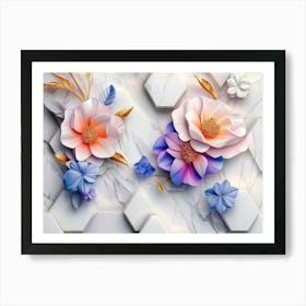 3d Marble Texture Seamless Pattern Geometric Polygon Shape With Bright Color Flowers 1 Art Print