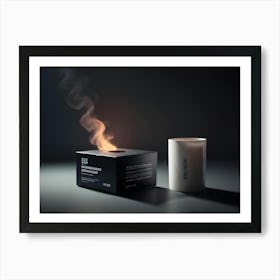 A Minimalist Image Of A Black Box With A White Candle And Smoke Coming From It, Representing A Product Or Branding Mock Up Art Print