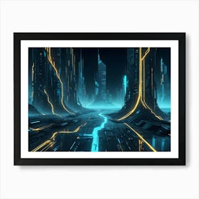 A Futuristic City At Night, Illuminated By Glowing Blue And Orange Neon Lights, With A Road Leading Through The Towering Structures Art Print