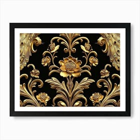 Elegant Leather Base Golden Floral Seamless Damask Flowers With Golden Peacocks Isolated On Black Background 1 Art Print