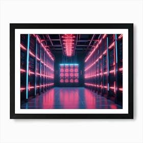 Server Room With Rows Of Server Racks Illuminated By Pink And Blue Neon Lights Art Print