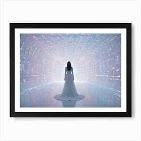 A Woman In A White Gown Stands In A Futuristic, White Tunnel Filled With Light, Symbolizing Hope, Purity, And A Journey Towards A Brighter Future Art Print