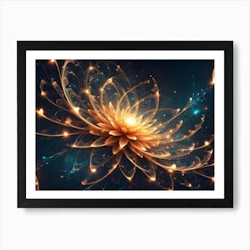 A Golden, Luminous Flower With Intricate Patterns Blooms Against A Dark Background, Radiating Light And Ethereal Particles Art Print