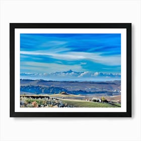 Monviso and Langhe. A breathtaking view of snow-capped Alpine peaks dominating the horizon, with a vibrant rural landscape in the foreground. Rolling fields, vineyards, and charming villages with historic churches create a serene and picturesque scene. The vivid blue sky adds to the tranquility and grandeur of the setting 1 Art Print