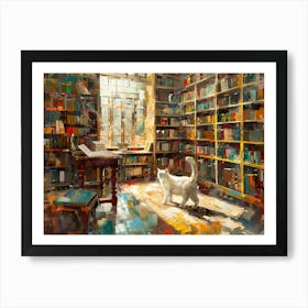 White Cat In The Library - In The Study Room Art Print