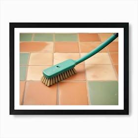 Close Up Of A Green Cleaning Brush With Brown Bristles, Resting On A Patterned Tiled Floor Art Print