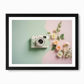 A Vintage Camera With A Green Body And A White Lens, Surrounded By Delicate Pink And White Flowers Art Print