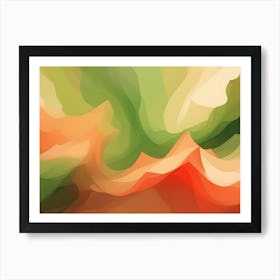 An Abstract Image Of A Colorful And Vibrant Landscape, Featuring A Combination Of Peach, Green, And Orange Hues Art Print