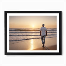 Man Walking On The Beach At Sunset Art Print