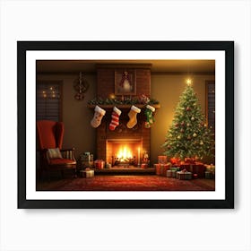 Cozy Christmas Eve Setting Crackling Fireplace Aglow In Living Room Corner Sparkling Tree Adorned 2 Art Print