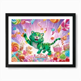 Illustration Of A Cheery Green Tiger Surrounded By An Array Of Whimsical Candy Shop Delights Pastel Art Print