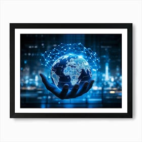 Blue Fingertip On Digital Globe Symbolizing Connection Artificial Intelligence Intertwining With Hu (4) Art Print