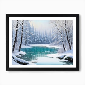 The Wintry Scene Of A Forest Blanketed In Snow And A Frozen Lake Art Print