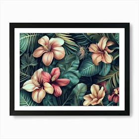 Tropical Seamless Pattern With Exotic Leaves, Strelitzia Flowers, Hibiscus And Plumeria 2 Art Print