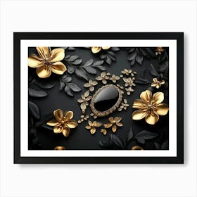 3d Artwork Illustration Background with Golden Jewelry and Flowers in Black Art Print