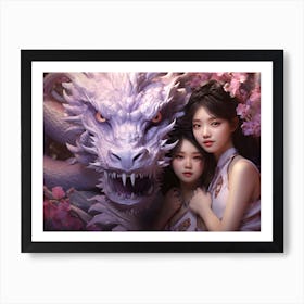 Two Chinese Girls With A Dragon Art Print