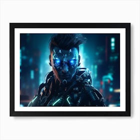 Man wearing a sleek cyber suit with glowing neon lines and intricate details Art Print