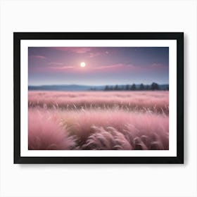 A Peaceful, Dreamlike Landscape Of A Pink Field With Tall Grass And A Full Moon Rising Above, Creating A Sense Of Tranquility And Beauty Art Print