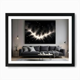 A Modern Living Room Interior With A Dark Grey Sofa, A Coffee Table, And A Large Black And White Abstract Painting With A Glowing White Shape Resembling A Bat Art Print