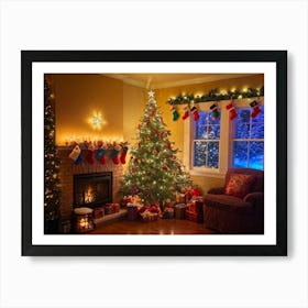 Cozy Christmas Eve Setting Crackling Fireplace Aglow In Living Room Corner Sparkling Tree Adorned (1) Art Print