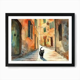 Black Cat In Cesena, Italy, Street Art Watercolour Painting 1 Art Print