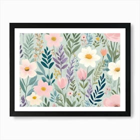 A Seamless Pattern Of Colorful Flowers, Leaves, And Stems Against A Light Blue Background Art Print