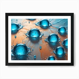 A 3d Image Of Blue Spheres Resting On A Textured Surface With A Warm Orange Background Art Print