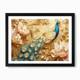 3d Artwork Peacock Illustration Background With Golden Jewelry And Flowers 2 Art Print